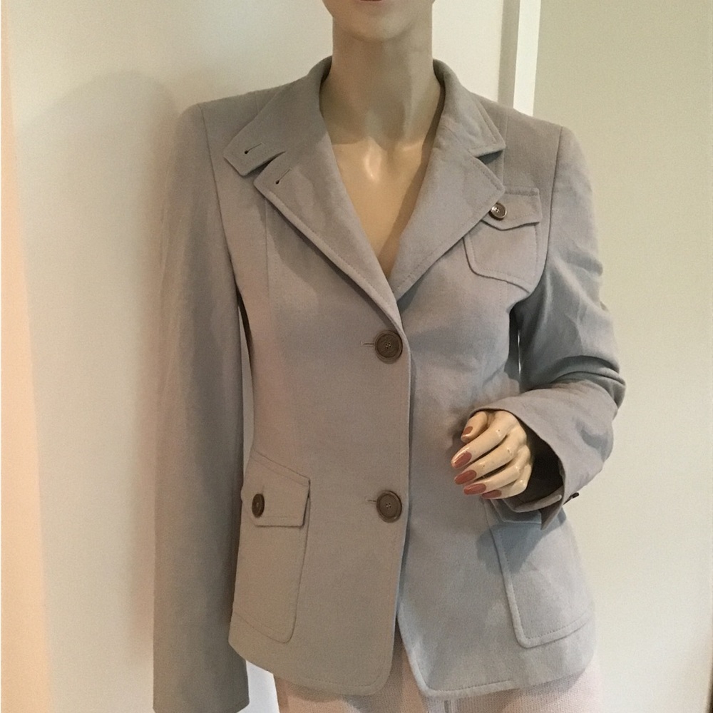 Akris Punto Blue Gray Wool Angora Fitted 2 Button Safari Jacket US 4 FR 36‎